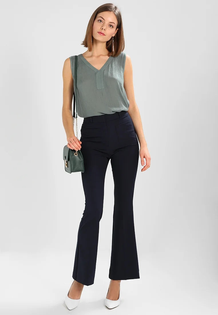 Kaffe Amber Top Dusty Jade Crinkle V-Neck Sleeveless Blouse – Pintuck Back Relaxed Fit | Women