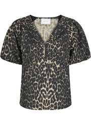 Neo Noir Irina Leo Leopard Print Blouse – Ruffle V-Neck Puff Sleeves | Women