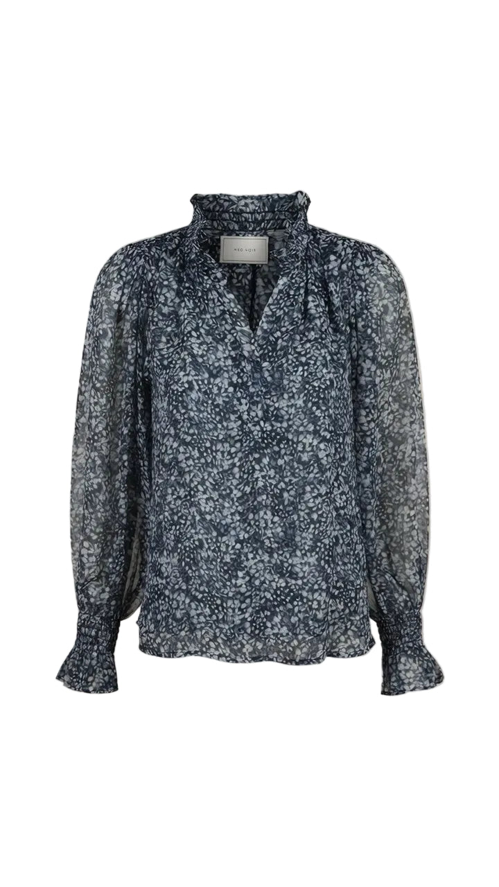 Neo Noir Navy Floral Chiffon Blouse – Ruffle Collar Smocked Cuffs | Women