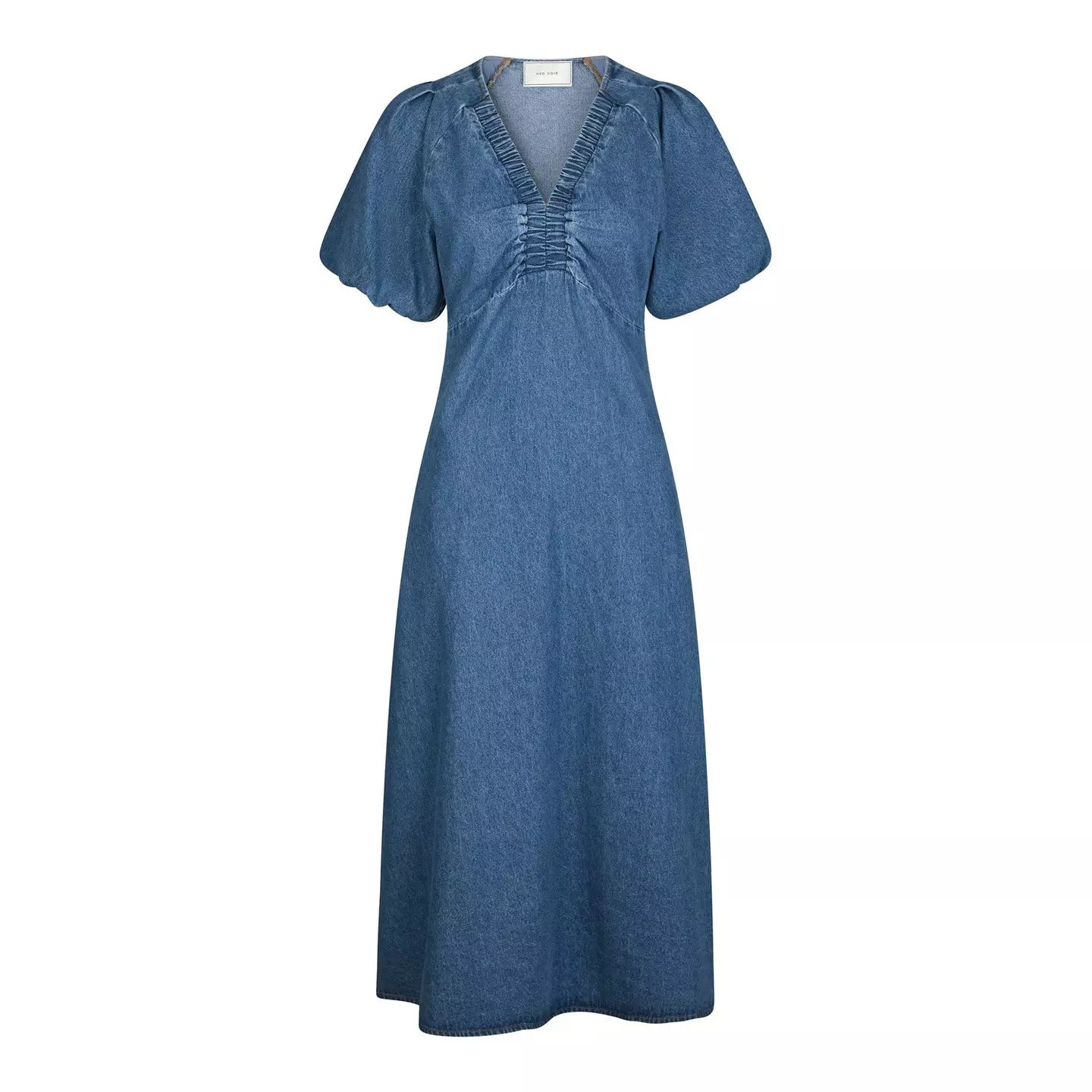 Neo Noir Illana Denim Midi Dress – Ruched V-Neck Puff Sleeves A-Line | Women