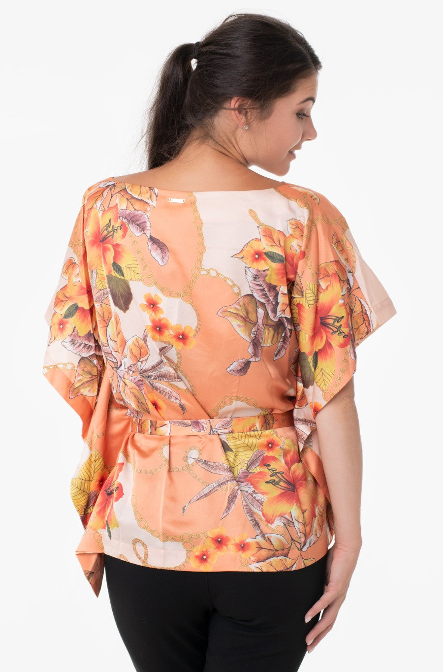 Marciano by Guess Diana Orange Floral Kimono Blouse – Side Tie Batwing Sleeve