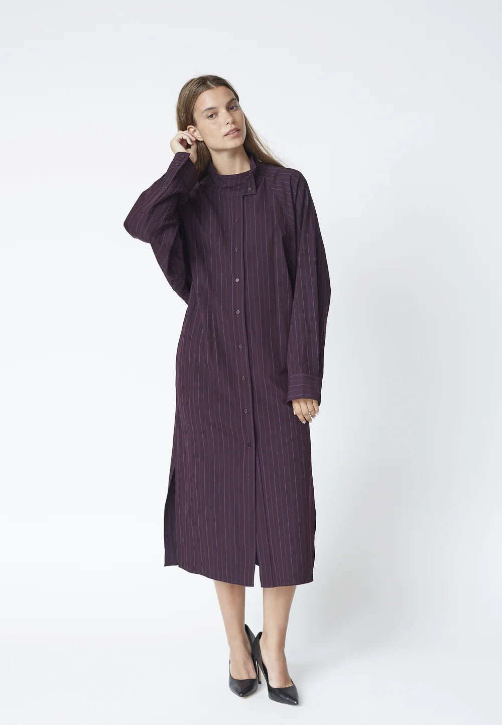 Co'couture Trinny CC gestreepte midijurk met vleermuismouwen – pruimpaars
