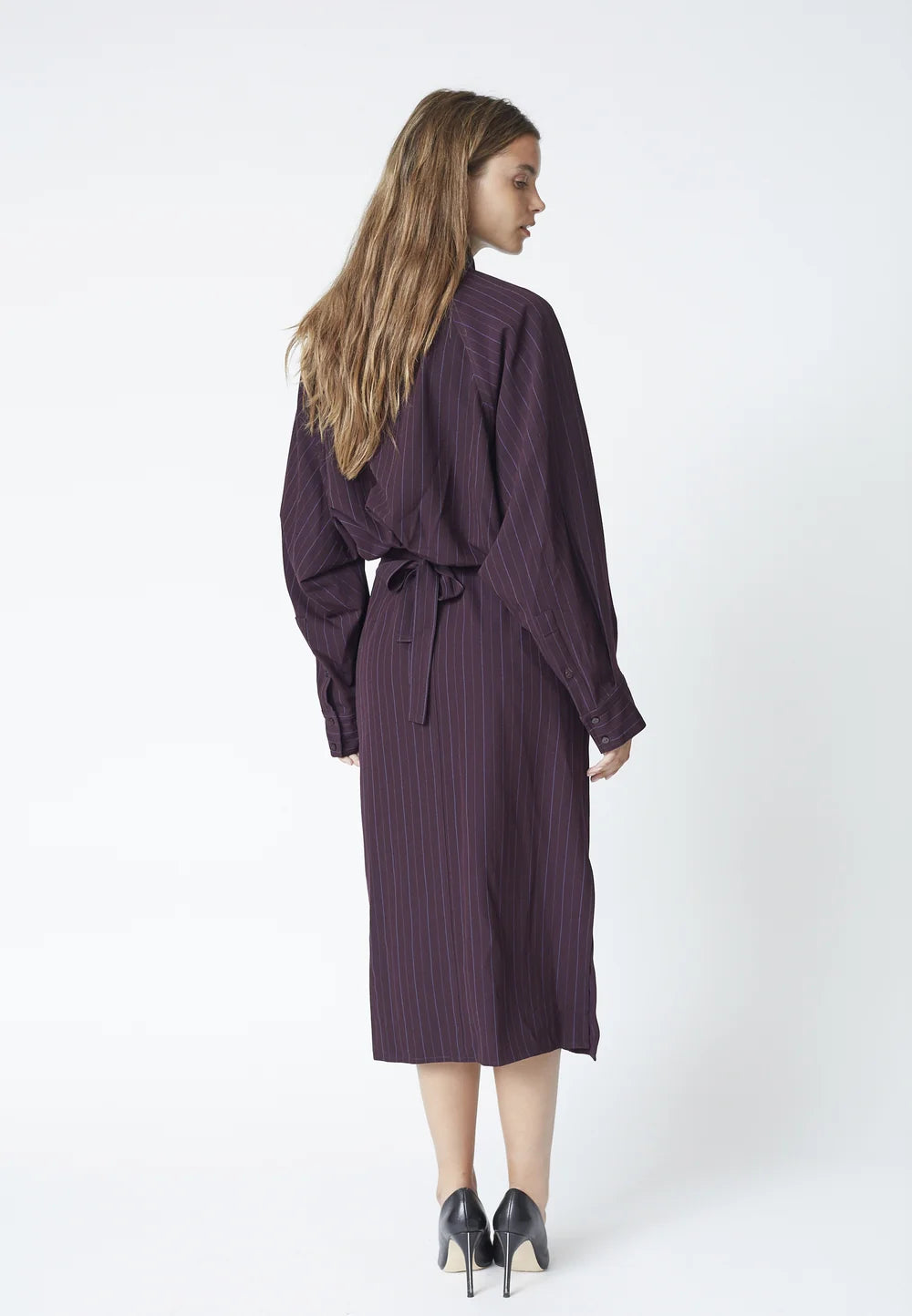 Co'couture Trinny CC gestreepte midijurk met vleermuismouwen – pruimpaars