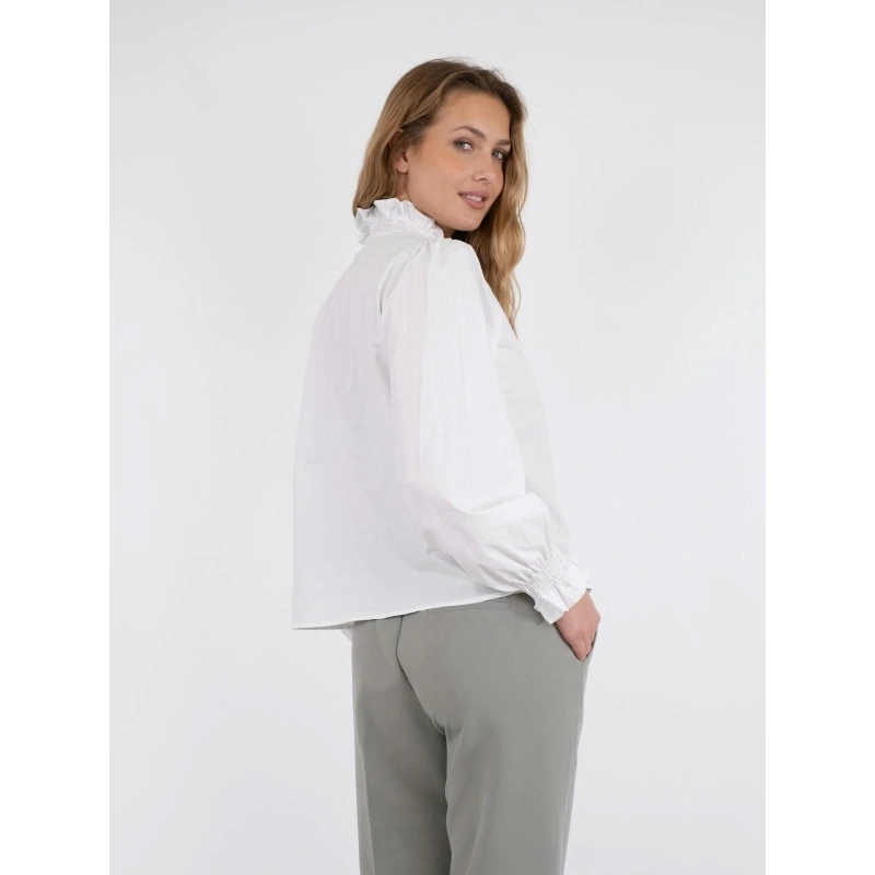 Neo Noir Briele White Ruffle Collar Blouse – Smocked Cuffs Balloon Sleeves | Women