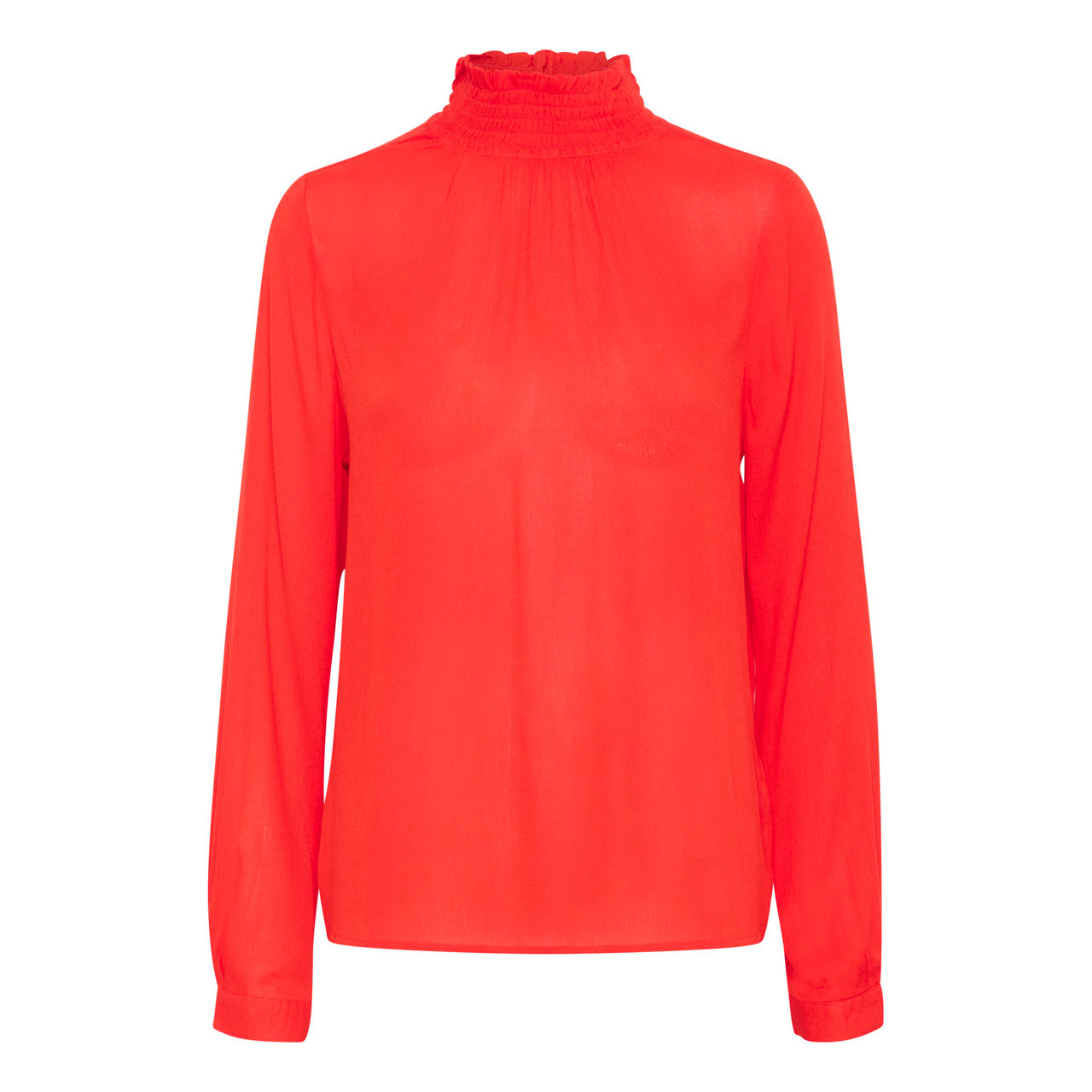 Kaffe Trine Red Orange Smocked Ruffle High Neck Blouse – Keyhole Back Long Sleeves Button Cuff | Women