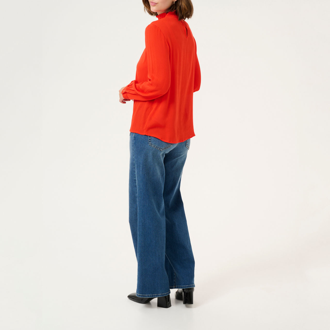 Kaffe Trine Red Orange Smocked Ruffle High Neck Blouse – Keyhole Back Long Sleeves Button Cuff | Women