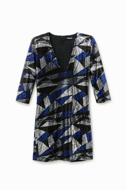 Desigual Geometric Sequin Mini Dress – Blue Silver Black