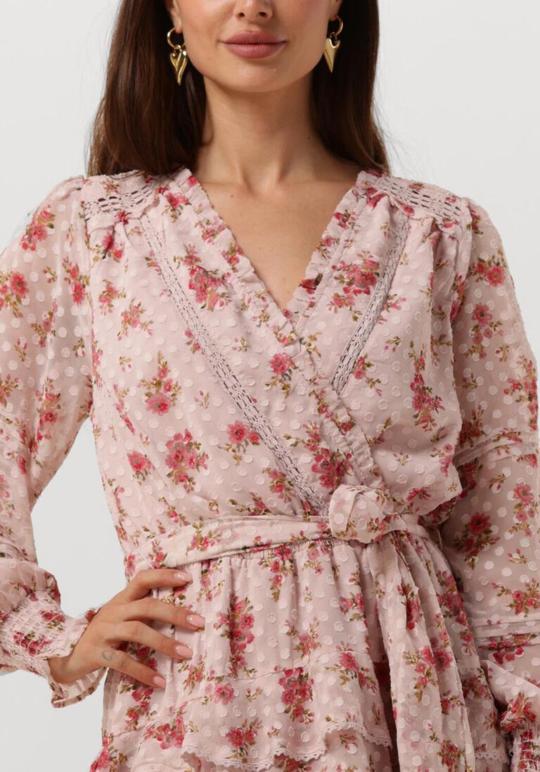 Neo Noir Ada Dreamy Rose Pink Floral Chiffon Mini Dress – Lace Trim Tiered Skirt | Women