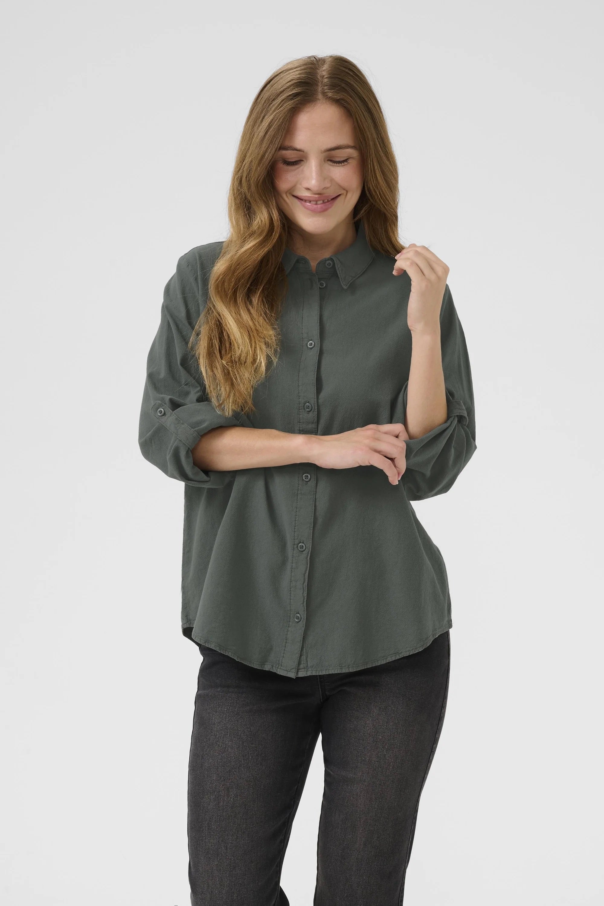 Kaffe KAnaya Short Balsam Green Button-Through Shirt Blouse – Classic Collar Roll-Up 3/4 Sleeves | Women