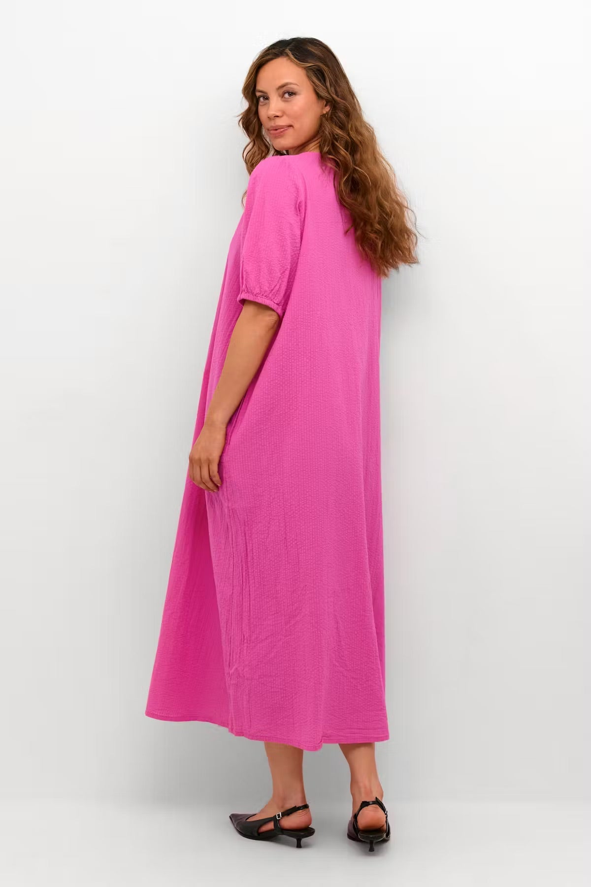 Kaffe KAlinn Hot Pink Oversized Maxi Dress – V-Neck Puff 3/4 Sleeves Side Pockets Relaxed Fit | Women