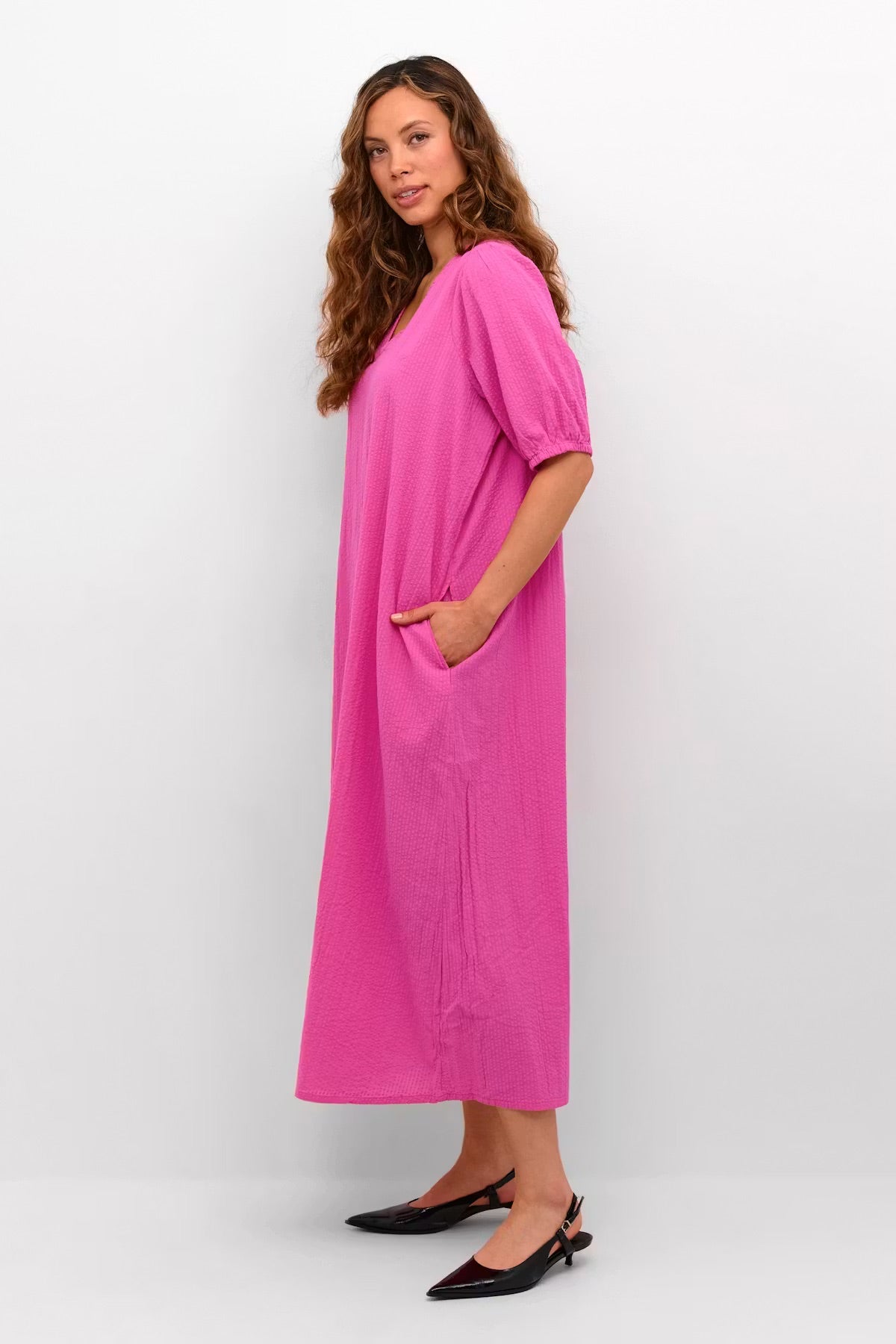 Kaffe KAlinn Hot Pink Oversized Maxi Dress – V-Neck Puff 3/4 Sleeves Side Pockets Relaxed Fit | Women