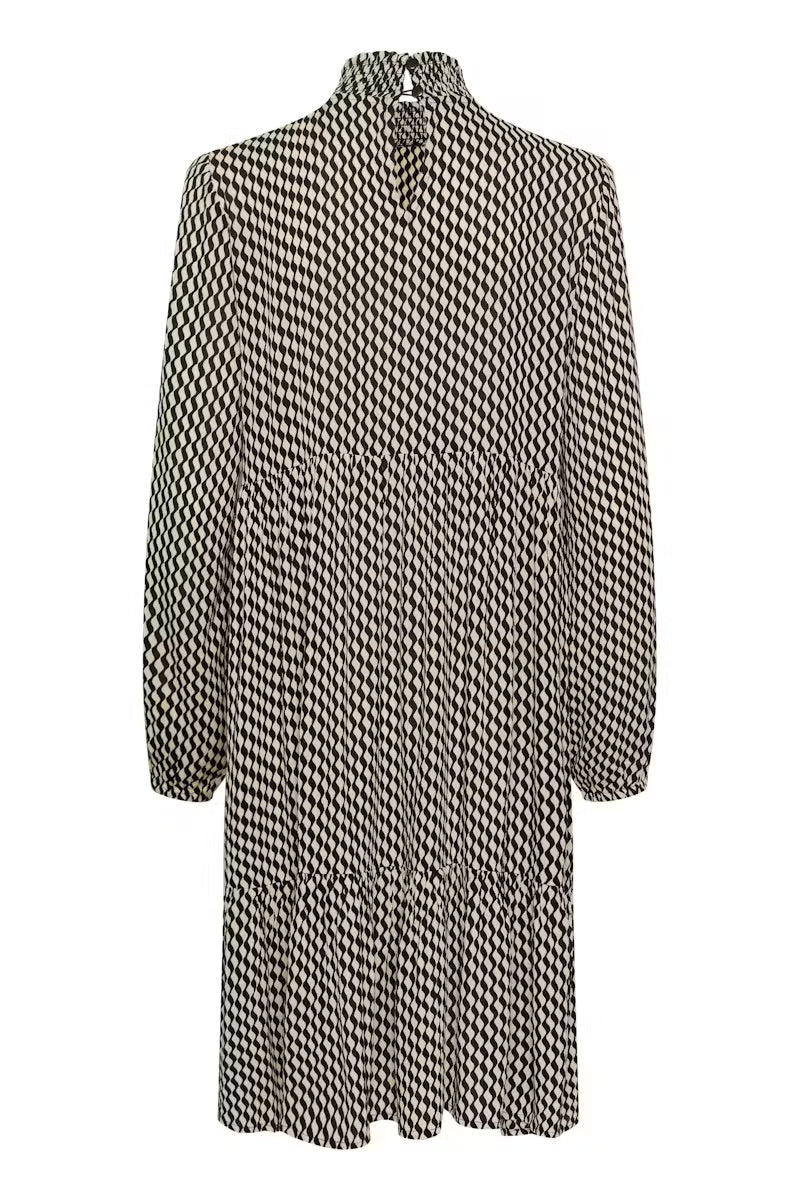 Kaffe KAamber Cream Black Geometric Cube Smocked High Neck Midi Dress – Long Puff Sleeves Tiered Frill Hem | Women