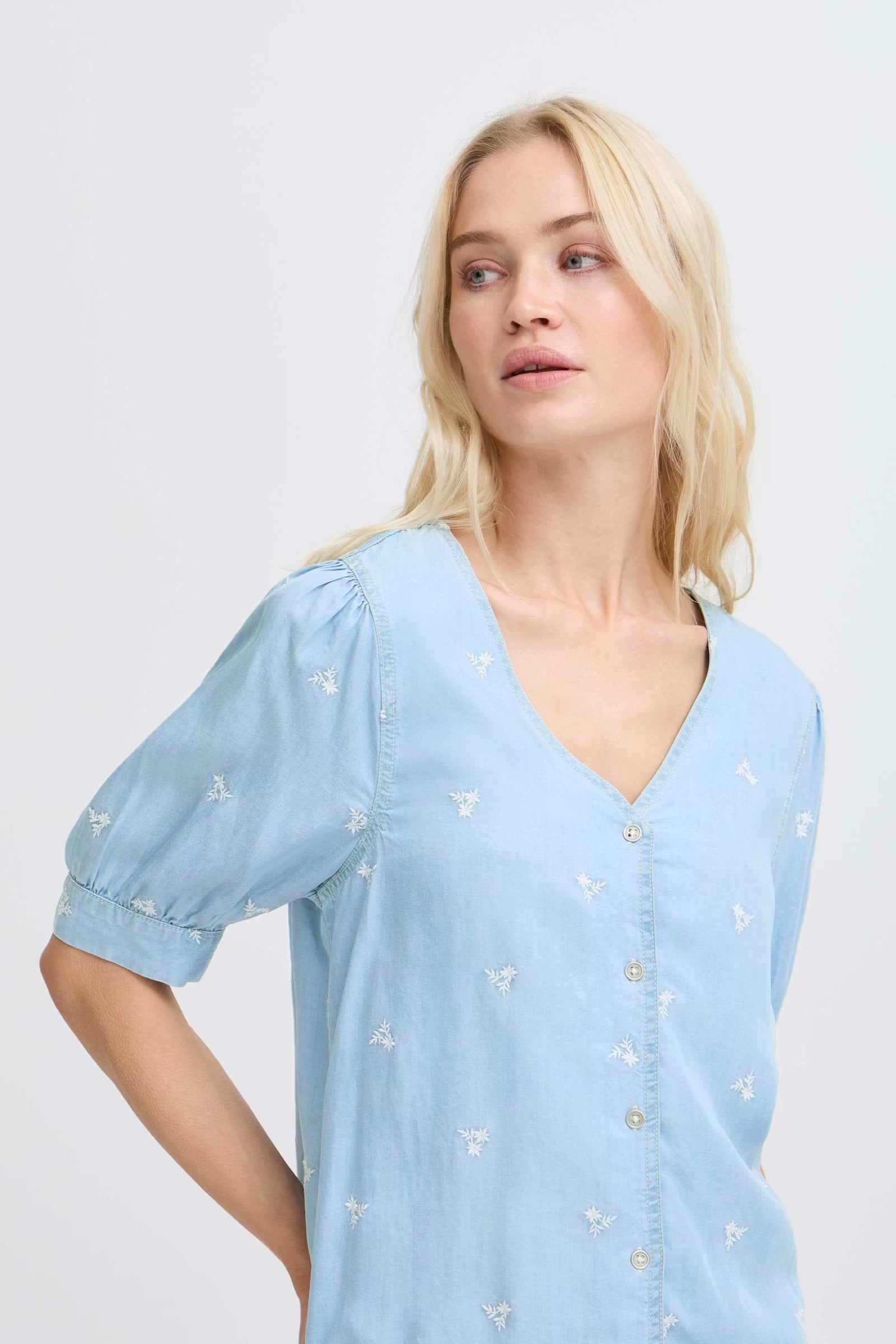 b.young Bykosmo Embroidered Floral Blouse - Light Blue