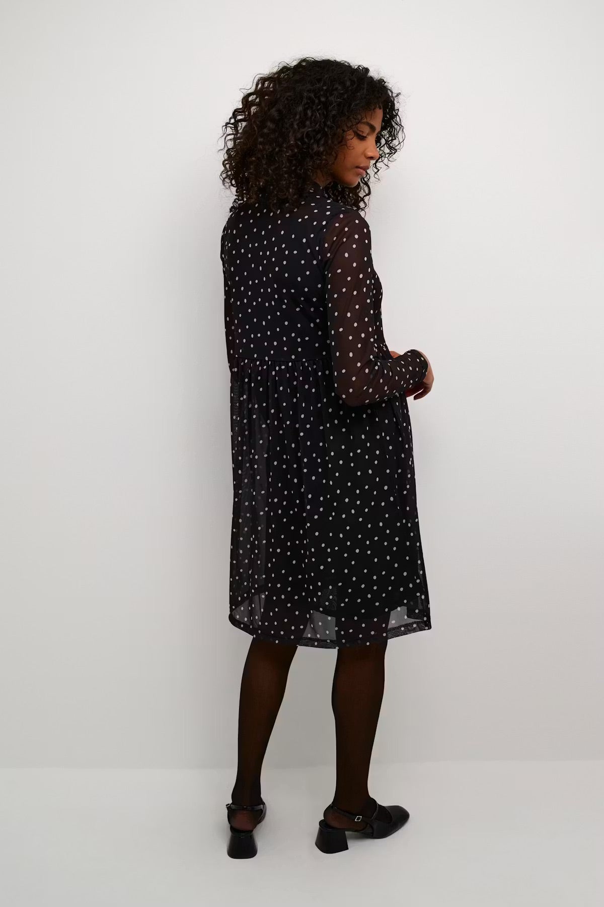 Kaffe KAjohanne Black White Polka Dot Mesh Dress – High Neck Sheer Long Sleeves Tiered | Women