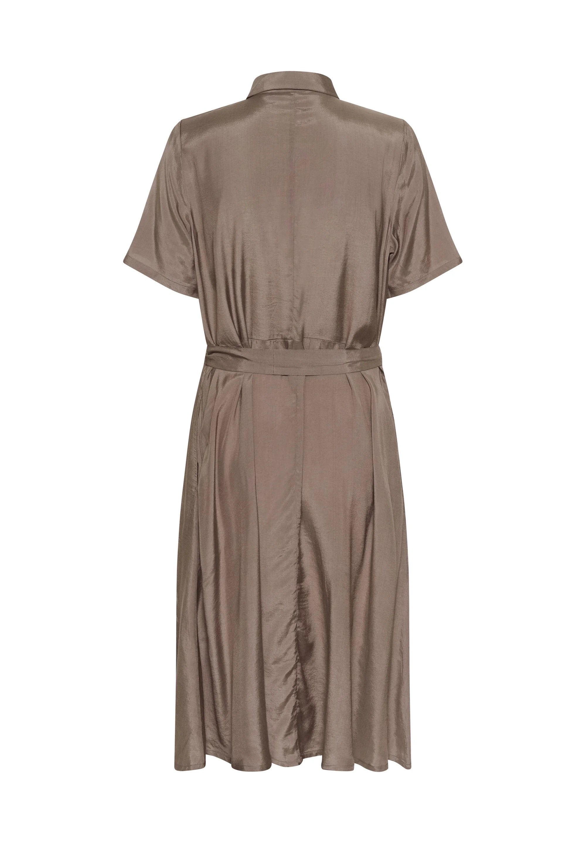 Kaffe KAemine Mocha Brown Satin Shirt Dress – Collar Neck Button Front Tie Waist Midi | Women