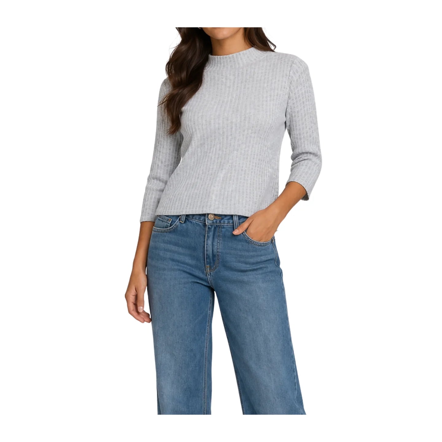 Zero Grey Ribbed Mock Neck Top – 3/4 Sleeve Fitted | Women