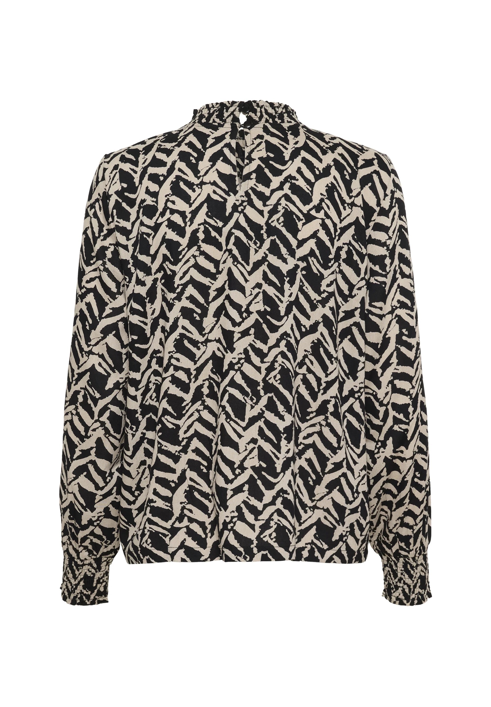 Kaffe KAdina Black Cream Abstract Zebra Print Smocked High Neck Blouse – Long Puff Sleeves Smocked Cuffs | Women