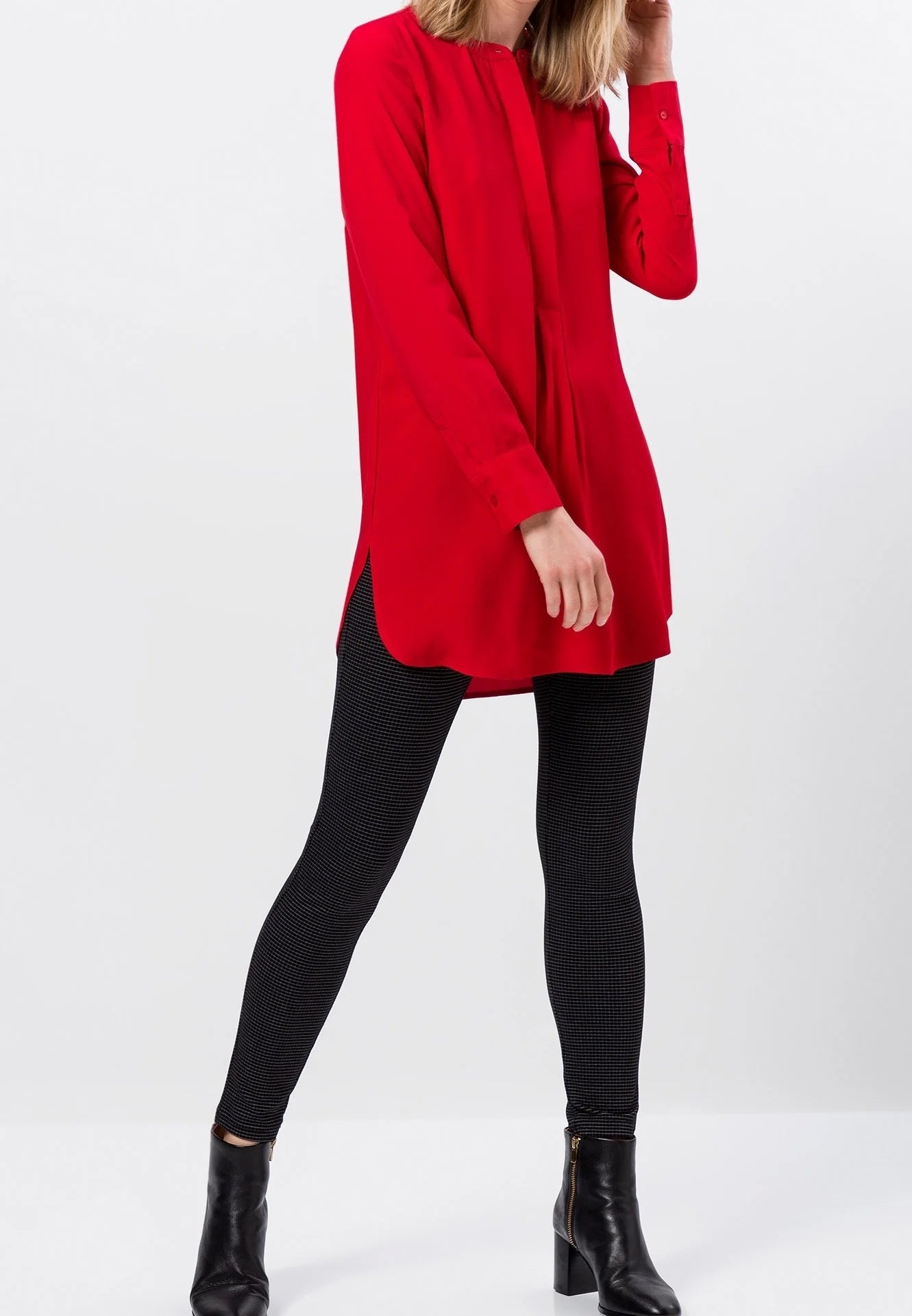 Zero Red Longline Crepe Blouse – Collarless Long Sleeve | Women