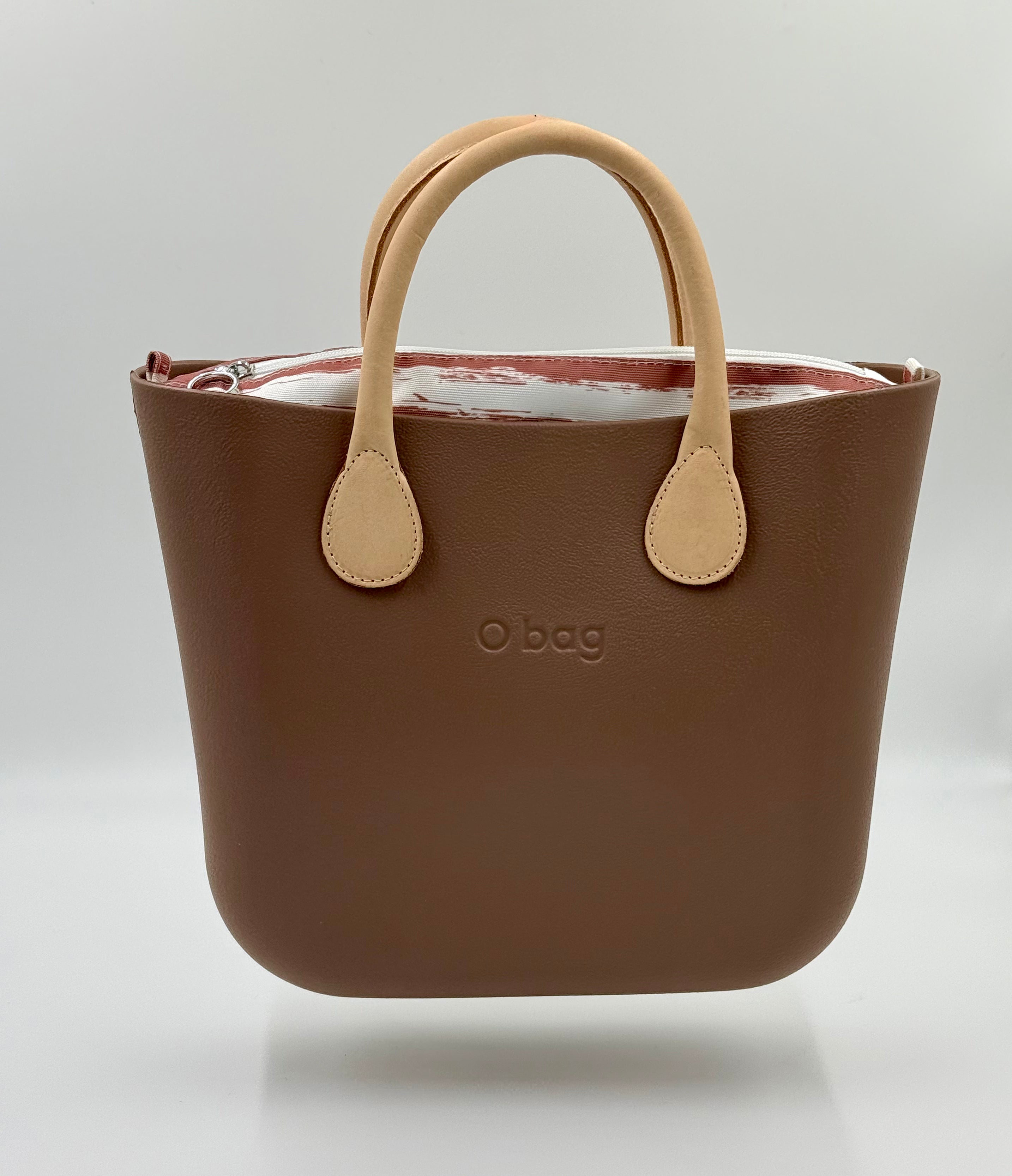 O bag Mini – taupe (greige) handbag with cream handles, striped zippered lining