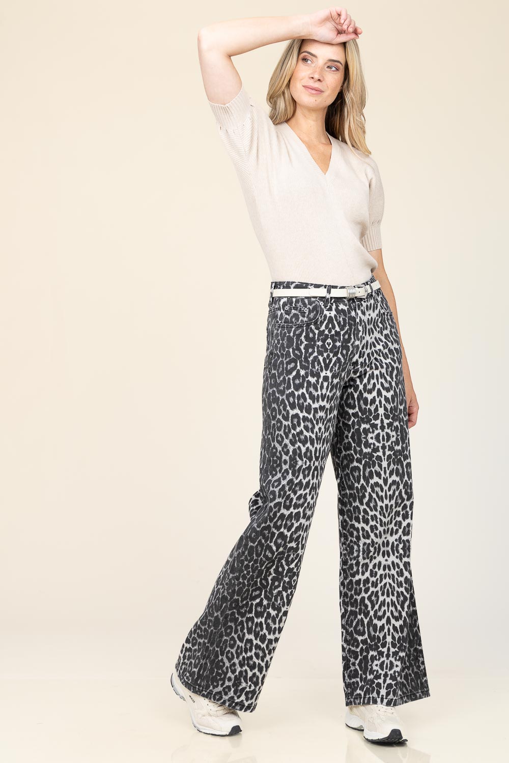Co'couture Leo denim broek met luipaardprint en wijde pijpen – grijs