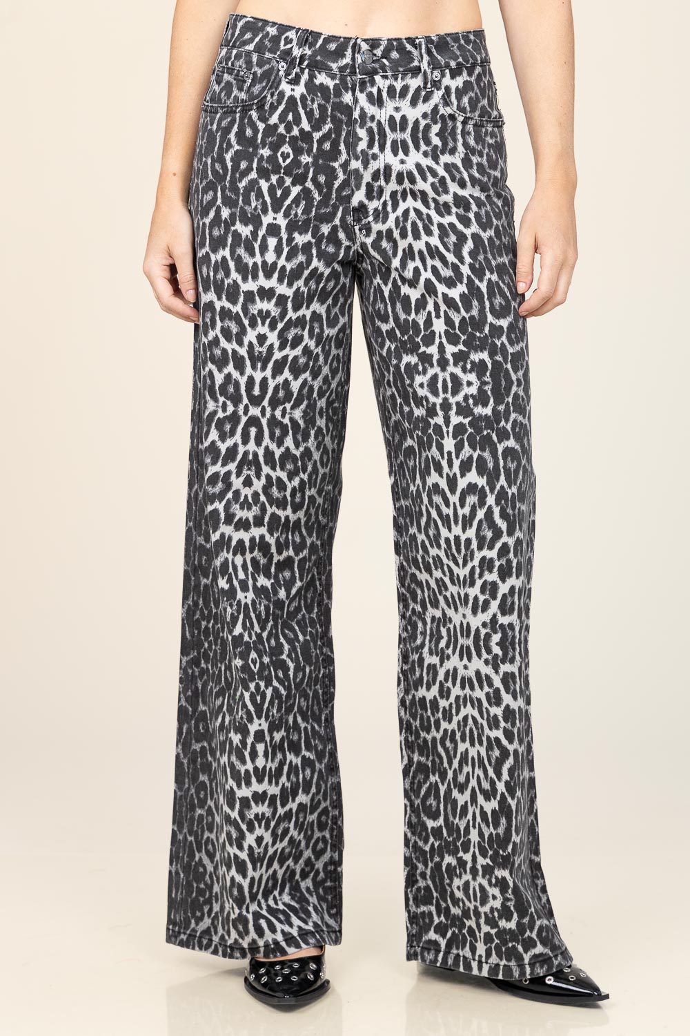 Co'couture Leo denim broek met luipaardprint en wijde pijpen – grijs