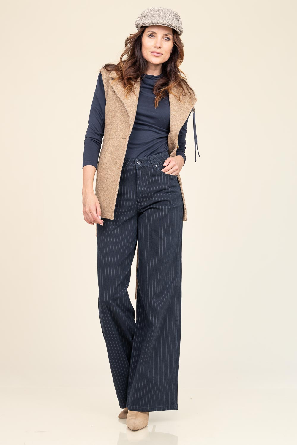 Co'couture Pin jeans met krijtstreep en wijde pijpen – zwart