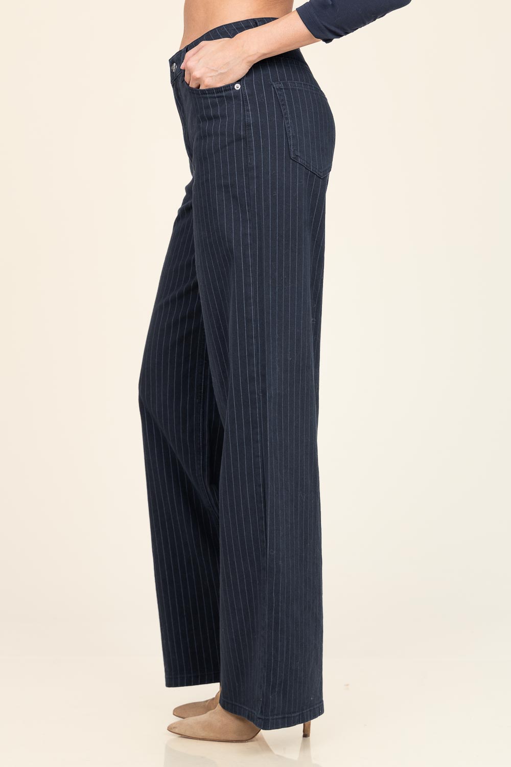 Co'couture Pin jeans met krijtstreep en wijde pijpen – zwart