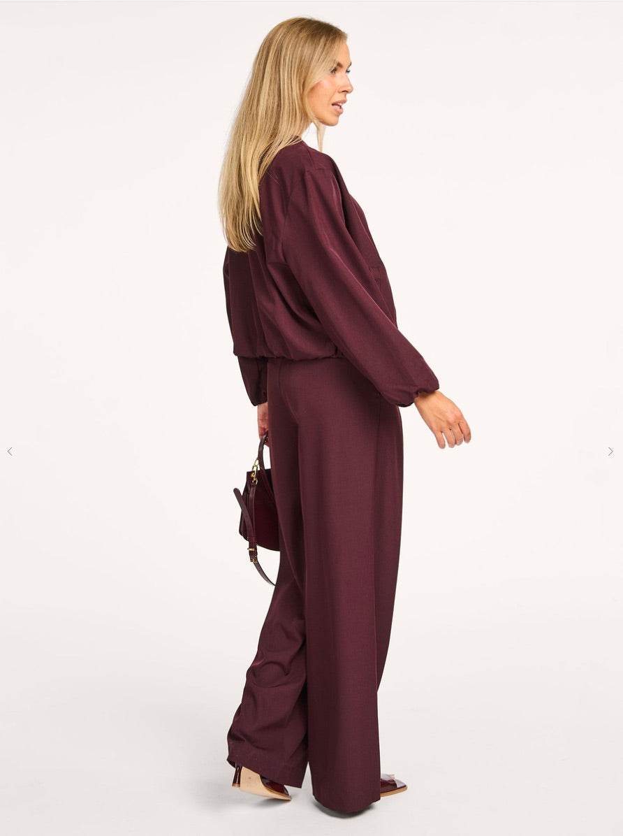 Co'couture Luna geweven broek met wijde pijpen – aubergine