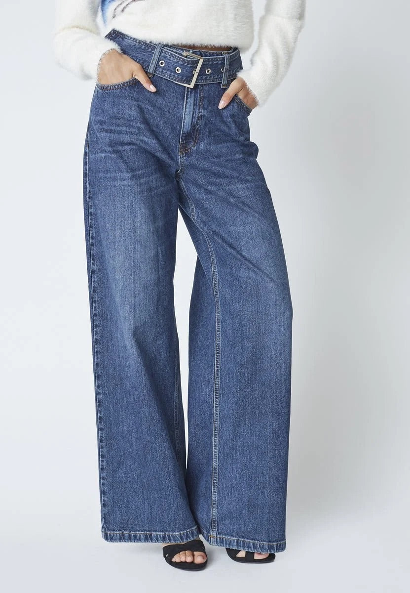 Co'couture Rumi CC jeans met riem en wijde pijpen – donkere denim