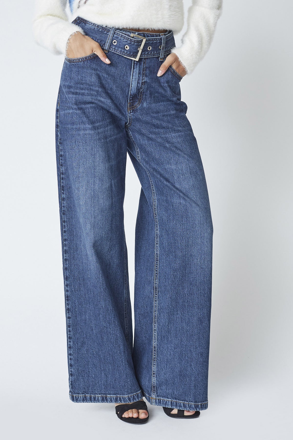 Co'couture Rumi CC jeans met riem en wijde pijpen – donkere denim