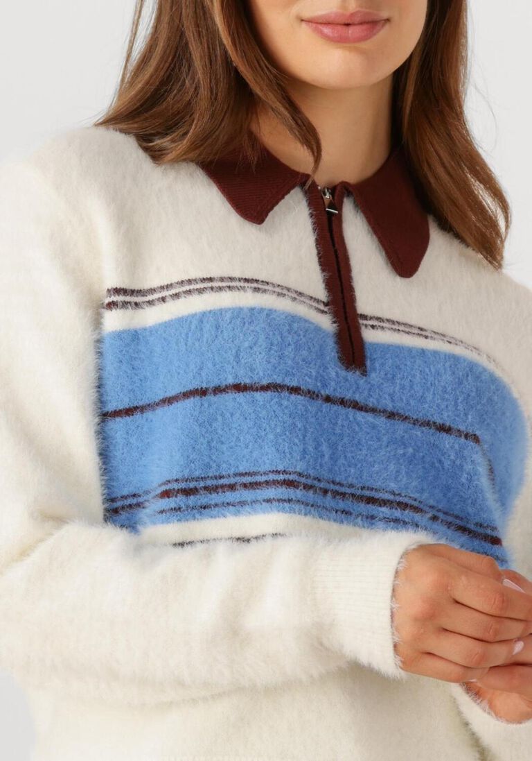 Co'couture Tory gestreepte trui met rits aan de hals – ecru