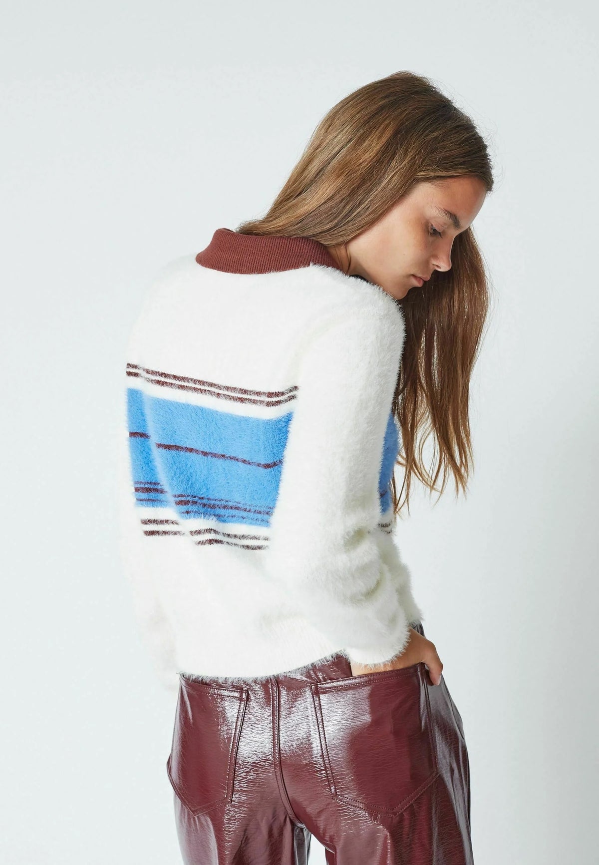 Co'couture Tory gestreepte trui met rits aan de hals – ecru