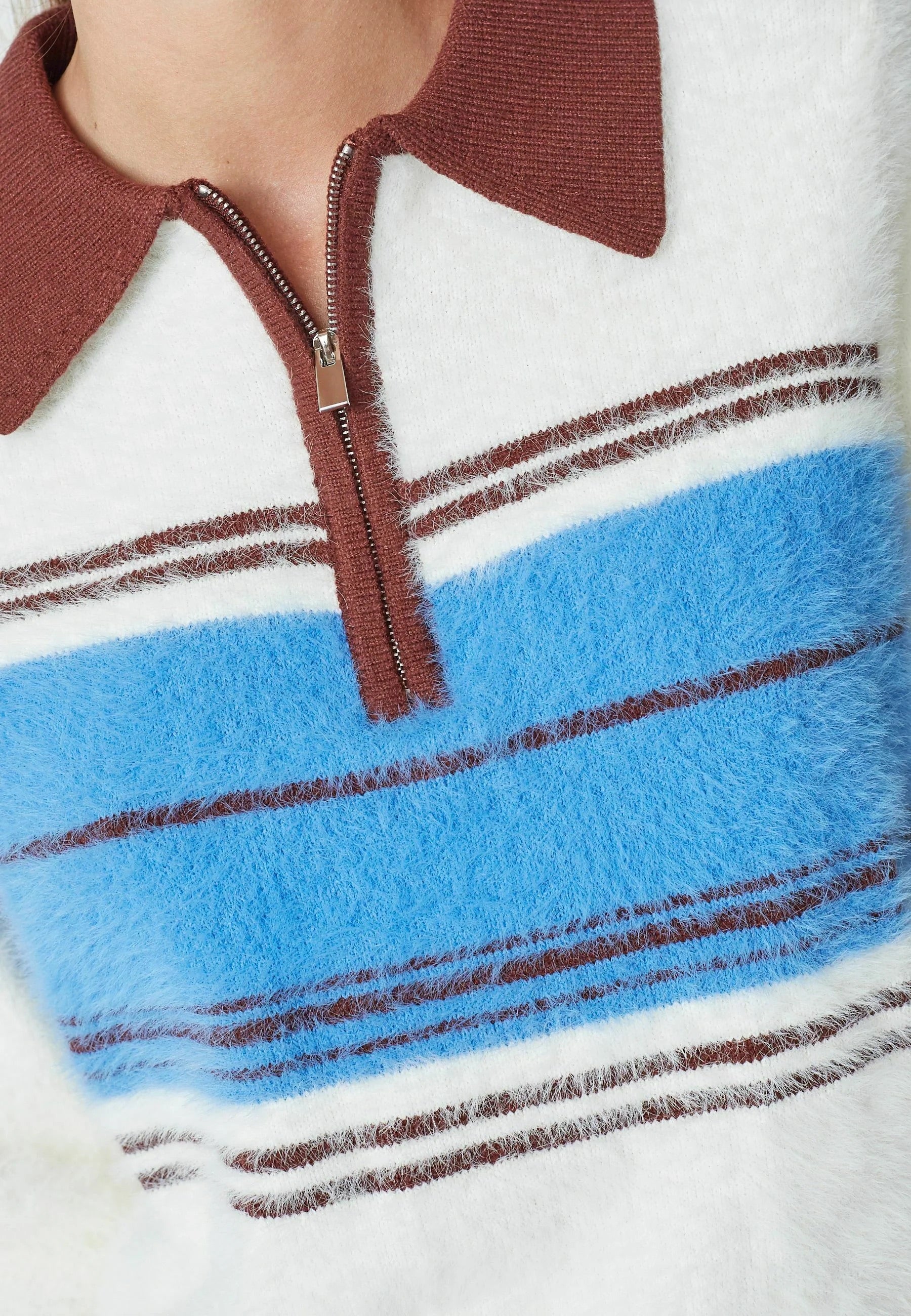 Co'couture Tory gestreepte trui met rits aan de hals – ecru