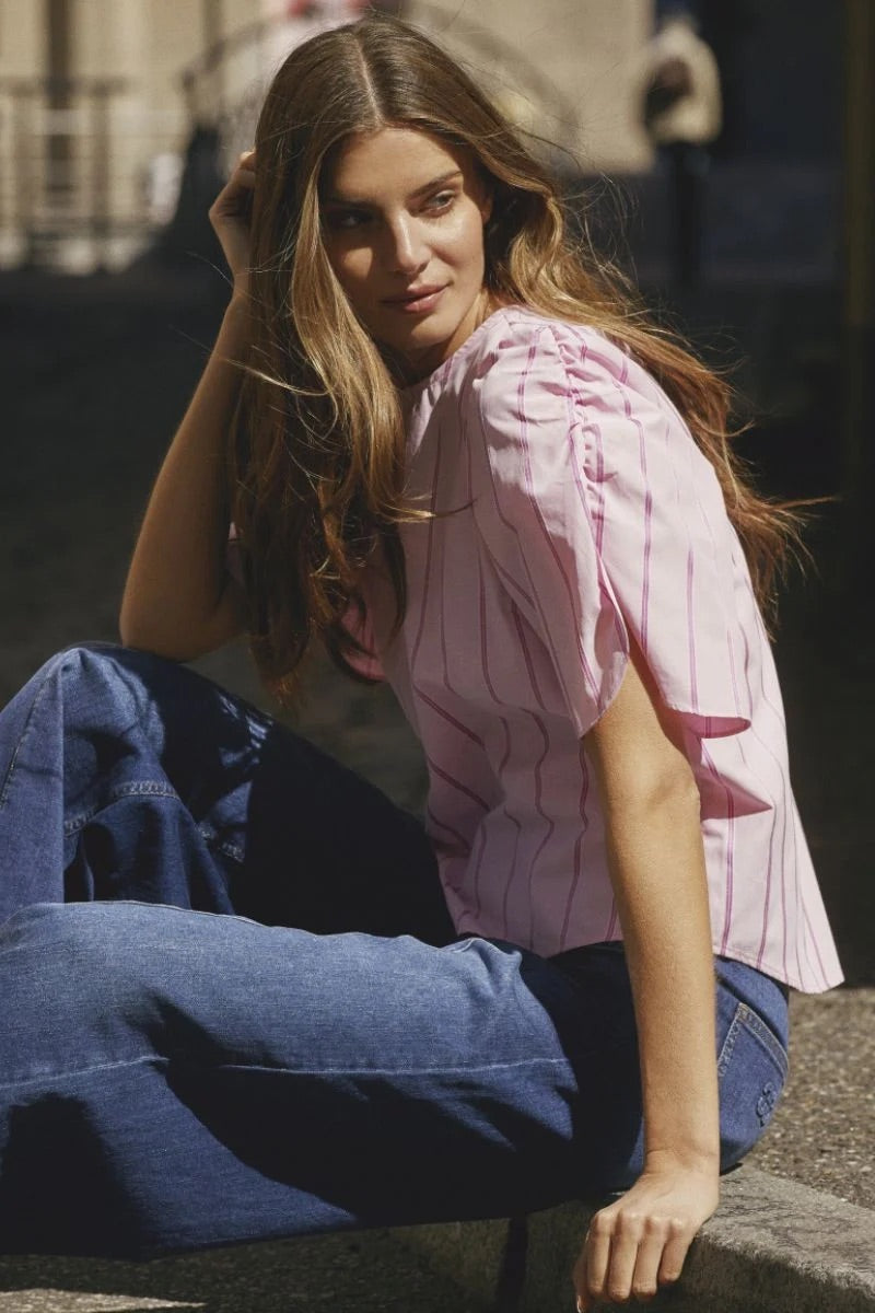 Co'couture Rosalina CC gestreepte blouse met korte mouwen – zachtroze