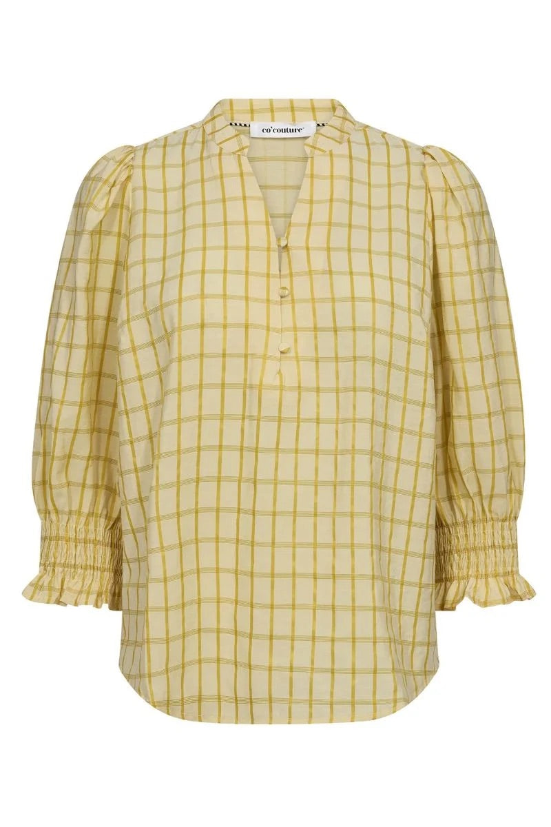Co'couture Mango CC geruite blouse met korte mouwen – pastelgeel