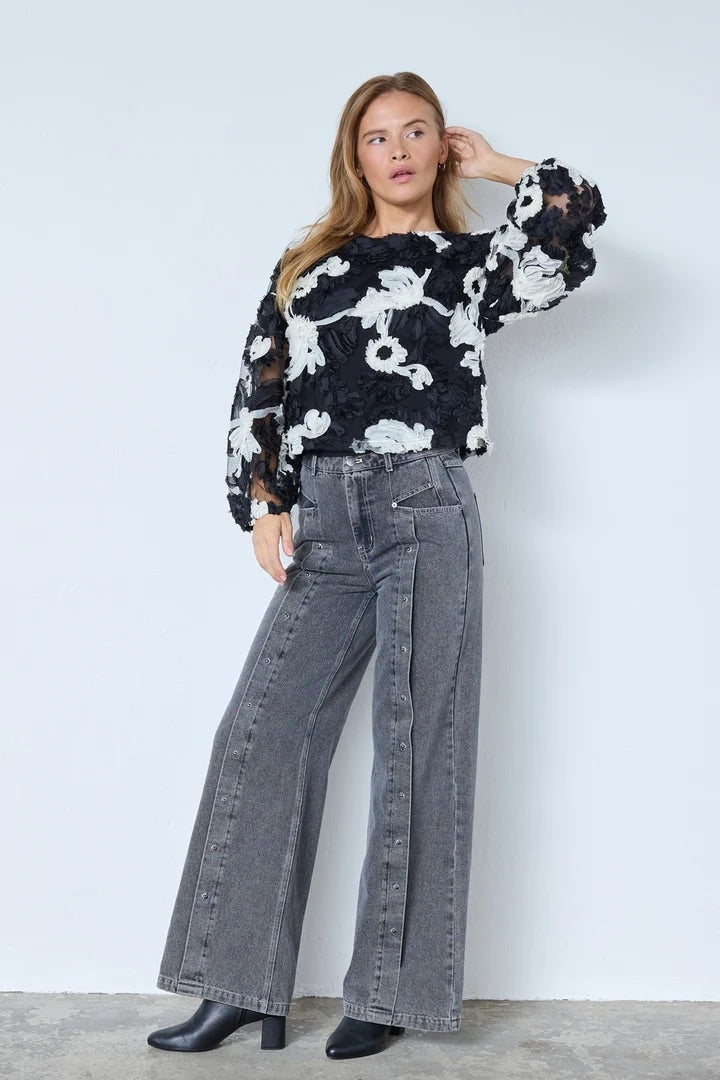 Co'couture Fleur CC zachte, pluizige blouse met lange mouwen – zwart