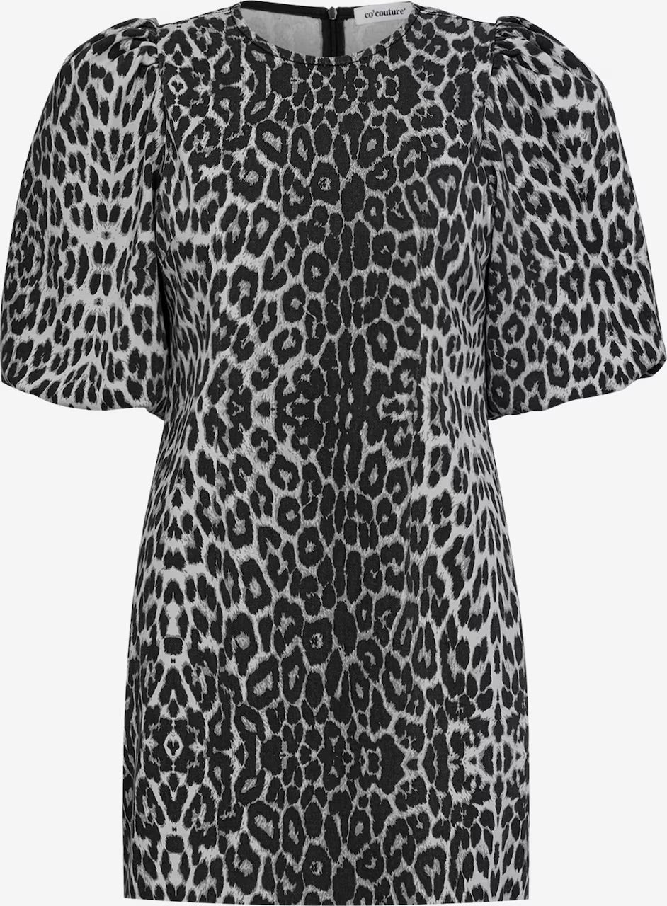 Co'couture Leo CC korte jurk met pofdetail en luipaardprint – grijs
