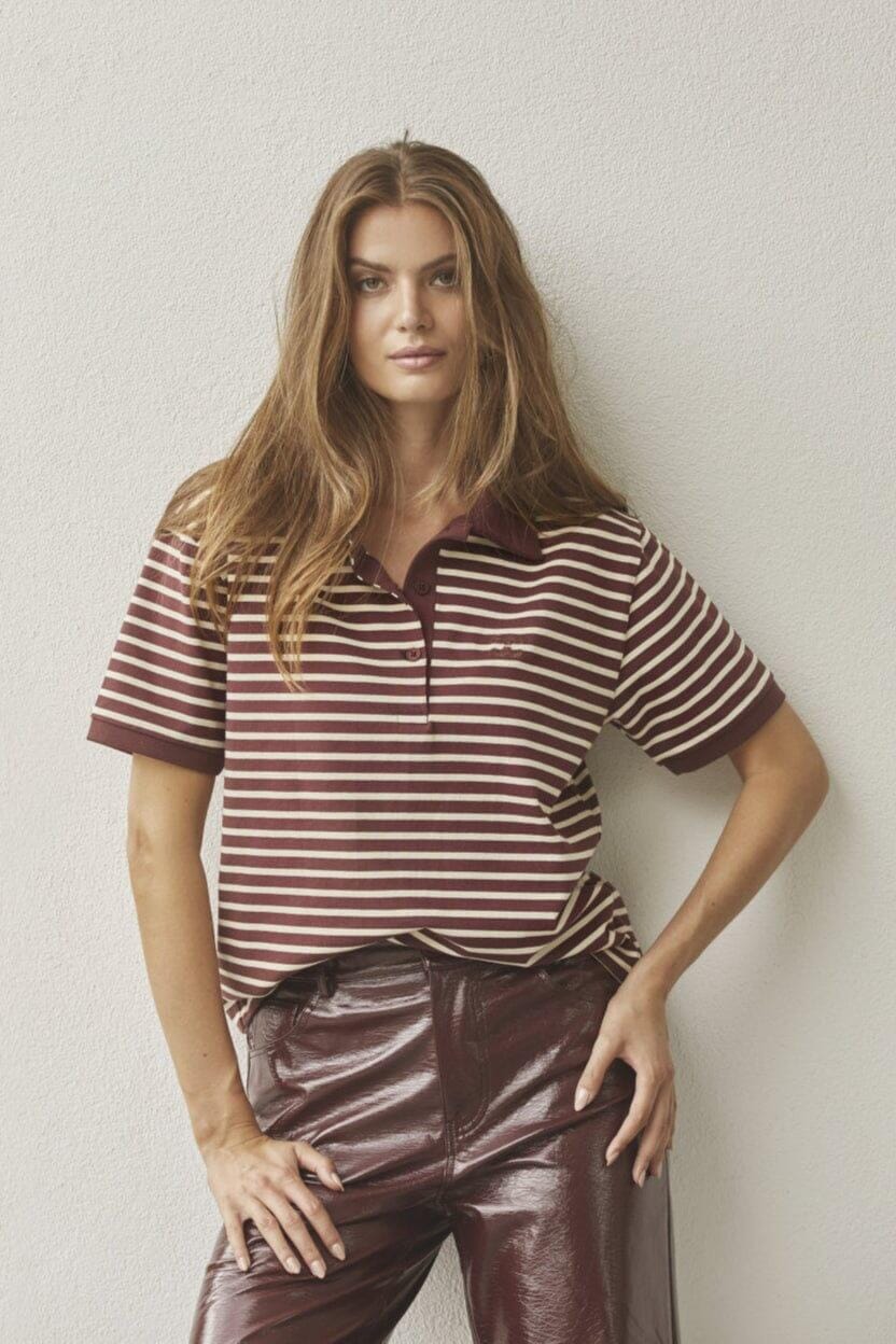 Co'couture Hayes CC polo met korte mouwen – wijnrood gestreept