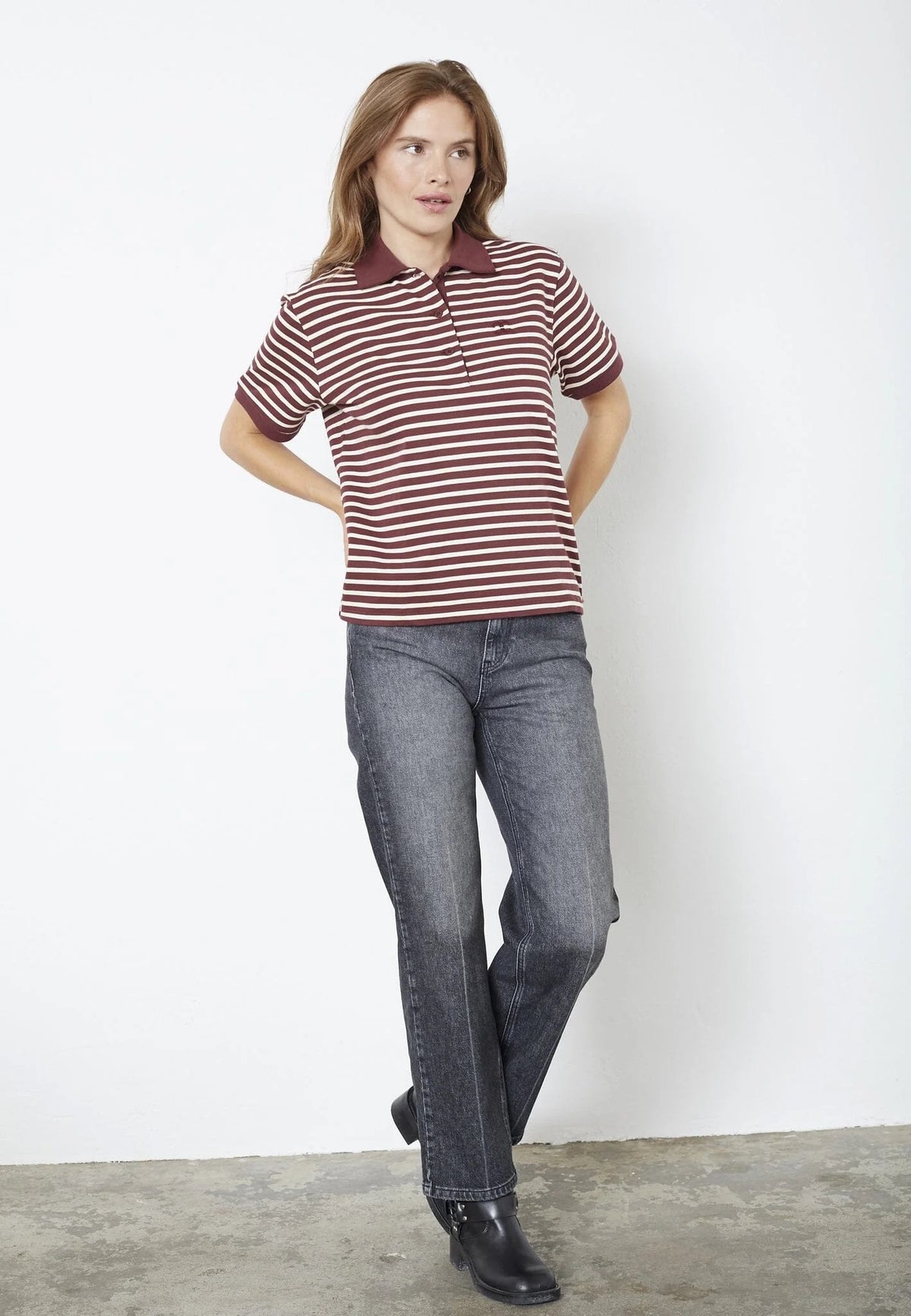 Co'couture Hayes CC polo met korte mouwen – wijnrood gestreept