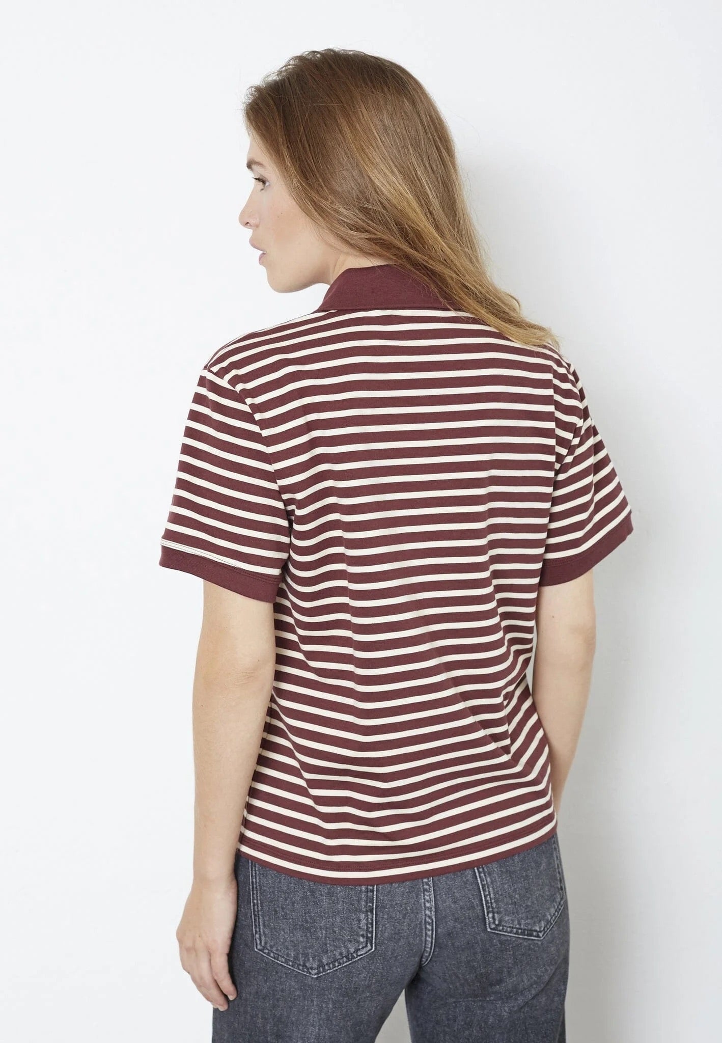 Co'couture Hayes CC polo met korte mouwen – wijnrood gestreept