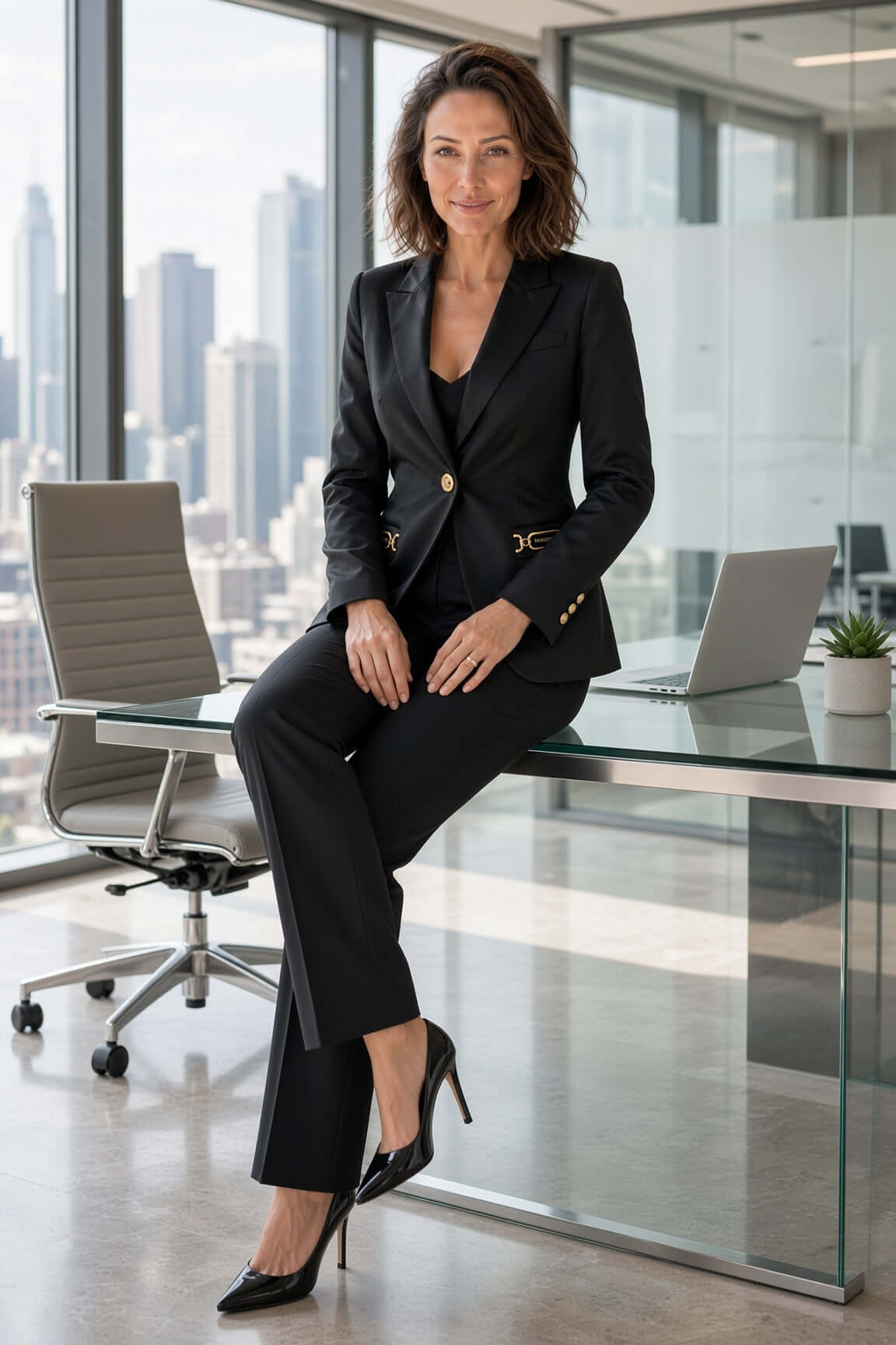Zwarte Marciano by Guess blazer met satijnglans, gedragen in een modern kantoor.