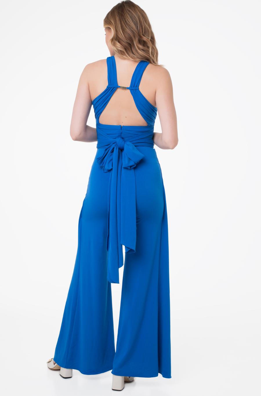 Kobaltblauwe Marciano by Guess Kiki jumpsuit met wijde pijpen, achteraanzicht.