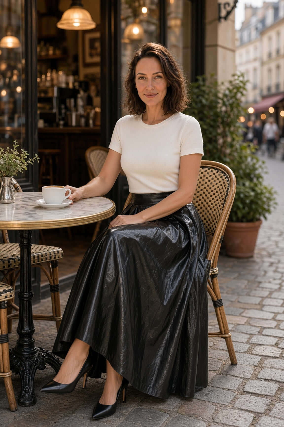 Vrouw in een zwarte geplooide Marciano by Guess midi-rok van imitatieleer met witte top in een café.