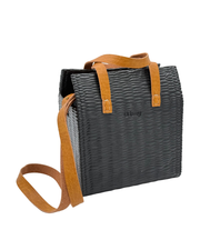 O bag Glam – Black Woven Texture Bag with Cognac Leather Handles