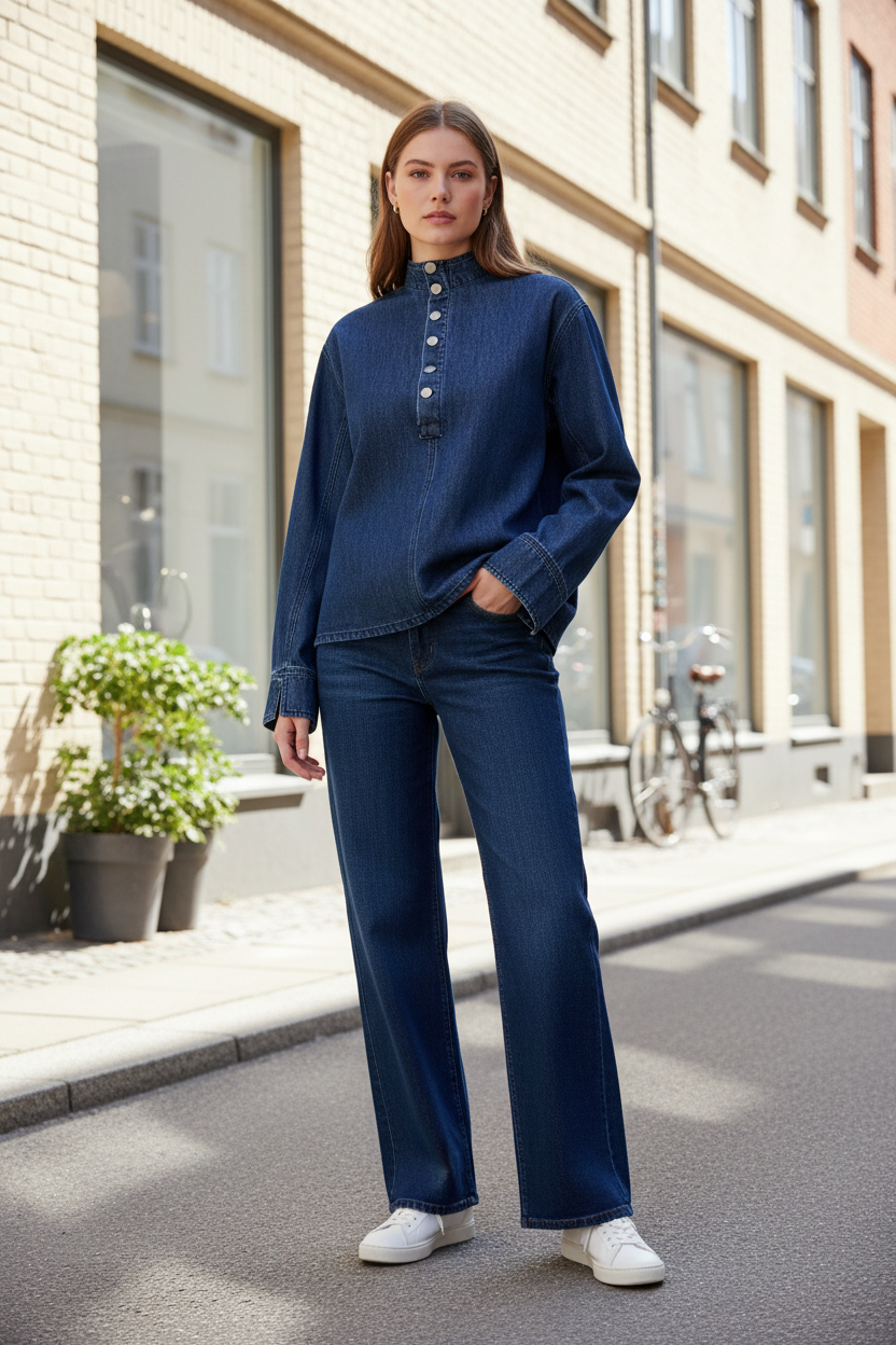 Azmina denim blouse in een denim outfit.
