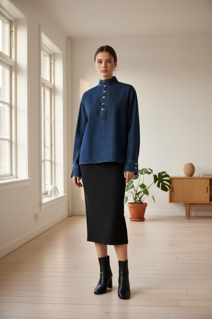 Azmina denim blouse in een interieur.