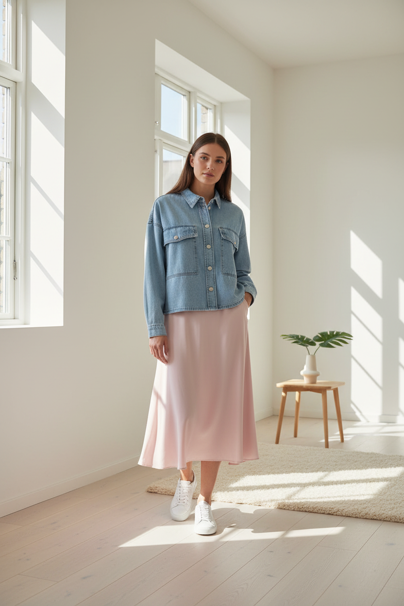 Cindy CC denim overhemd in een interieur.