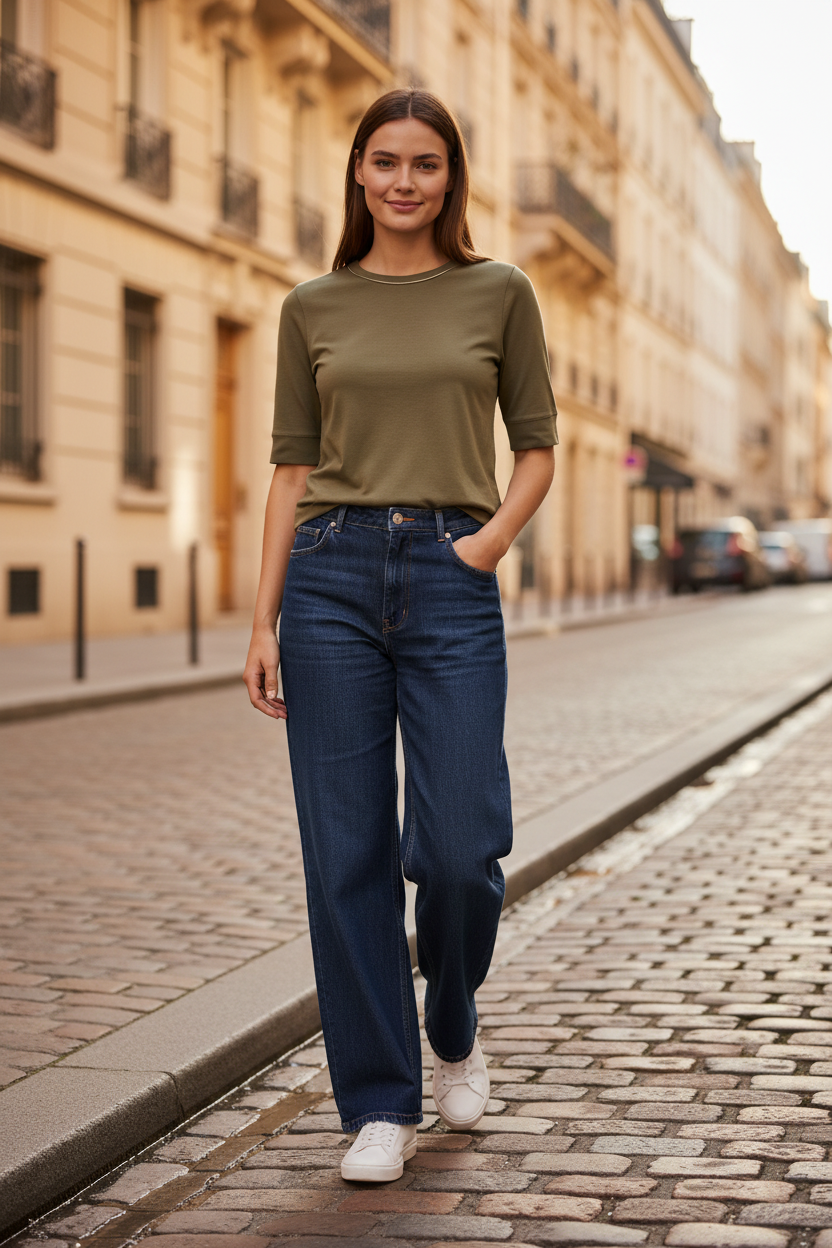 Co'couture Army T-shirt in een Parijse straat.