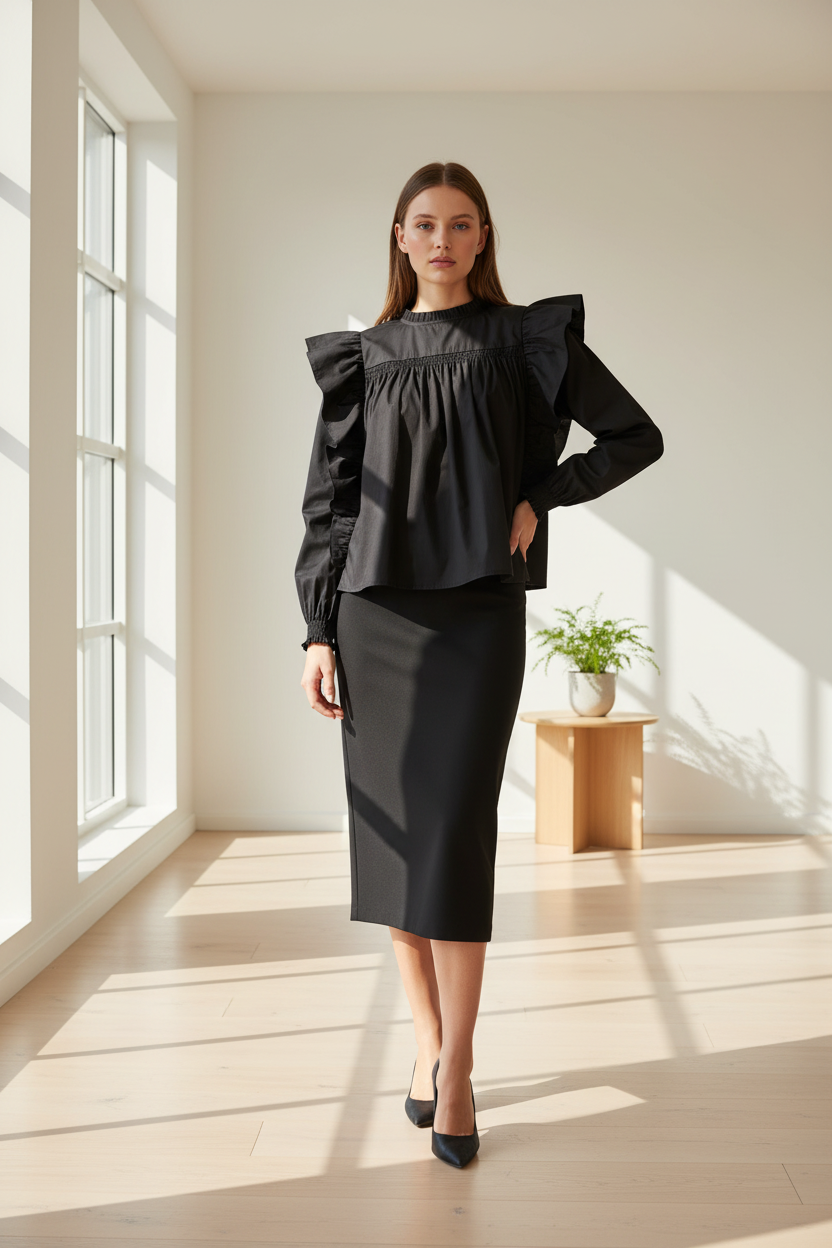 Cotton Crisp blouse met ruches in een interieur.