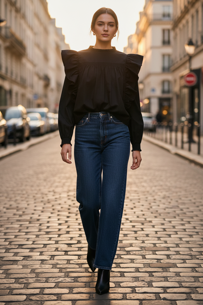 Cotton Crisp blouse met ruches in Parijs.